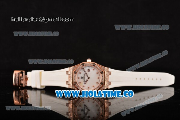 Audemars Piguet Royal Oak Lady Swiss Quartz Rose Gold/Diamonds Case with White Rubber Strap and White MOP Dial (EF) - Click Image to Close